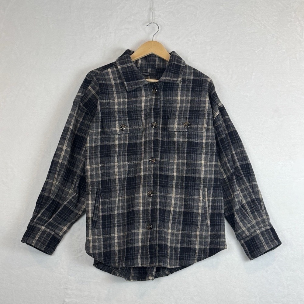 Mikarose Navy Blue Grey Plaid Flannel Button Down Shirt Large